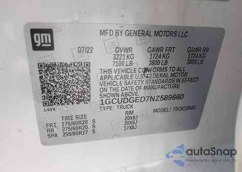 2022 Chevrolet Silverado 1500 4Wd Short Bed Ltz z USA, uszkodzony, nr VIN 1GCUDGED7NZ589660